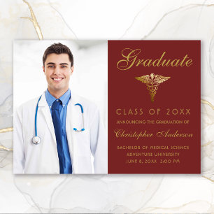 Anúncio Graduação de Foto em Caduceus Dourado Maroon Médic