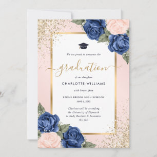Anúncio Graduação de Foto Floral Rosa Azul Dourado