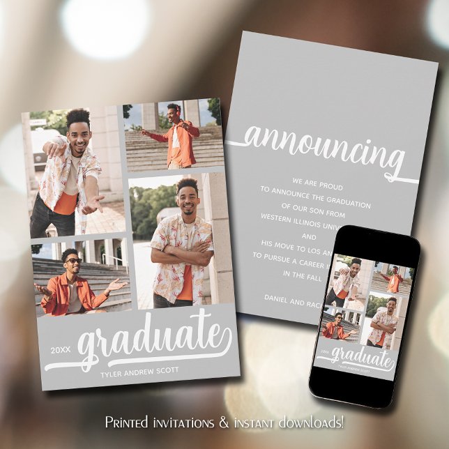 Anúncio Graduação de Foto Moderna 4 (Modern 4 photo silver-gray graduation announcements)