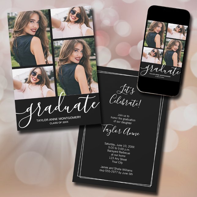 Anúncio Graduação de Foto Preta do Script Moderno 4 (Modern script 4 photo black graduation announcements - PRINTED and/or INSTANT DOWNLOAD)