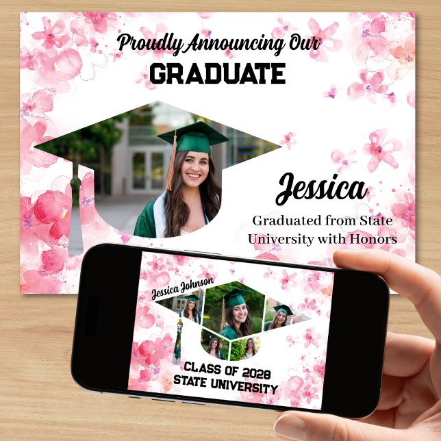 Anúncio Graduação de Foto Simples, Cor de Água, Rosa Flora (Pink Watercolor Floral Graduation Announcement with 7 photos)