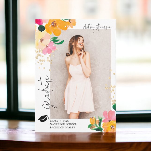 Anúncio Graduação de fotobbotânica com brilho Dourado (Gold glitter floral photo botanical graduation announcement)