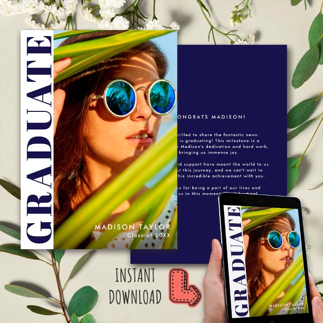 Anúncio Graduação de Fotos Branco e Azul do Marinho Modern (Criador carregado)