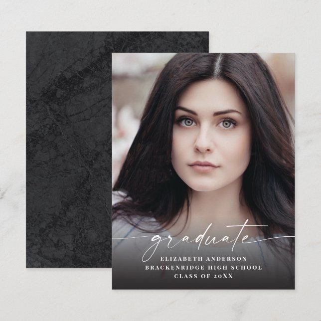 Anúncio Graduação de Fotos de Script Branco Moderno de Orç (Frente/Verso)