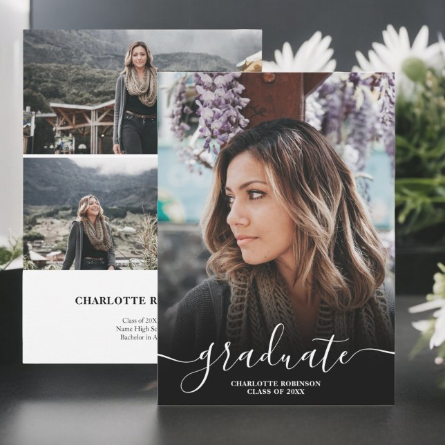 Anúncio Graduação de fotos de script de formando preto e b (Black and white graduate script photos graduation announcement)