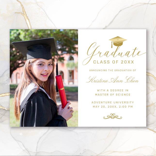 Anúncio Graduação de Fotos de Script Dourado Azul-Branco E (Elegant White Gold Calligraphy Photo Graduation Announcement)