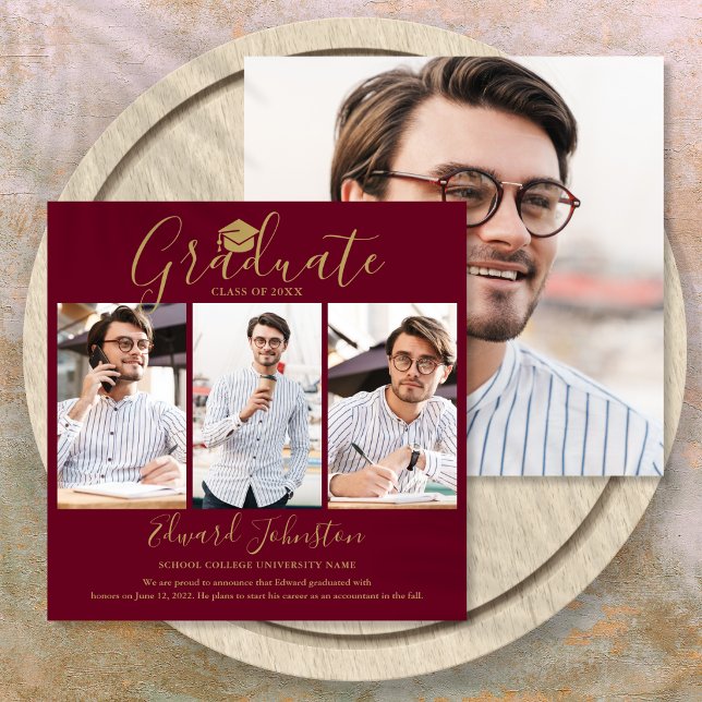 Anúncio Graduação de Fotos do Formando 4 de Script Dourado (Burgundy Gold Script Graduate 4 Photo Graduation Announcement)