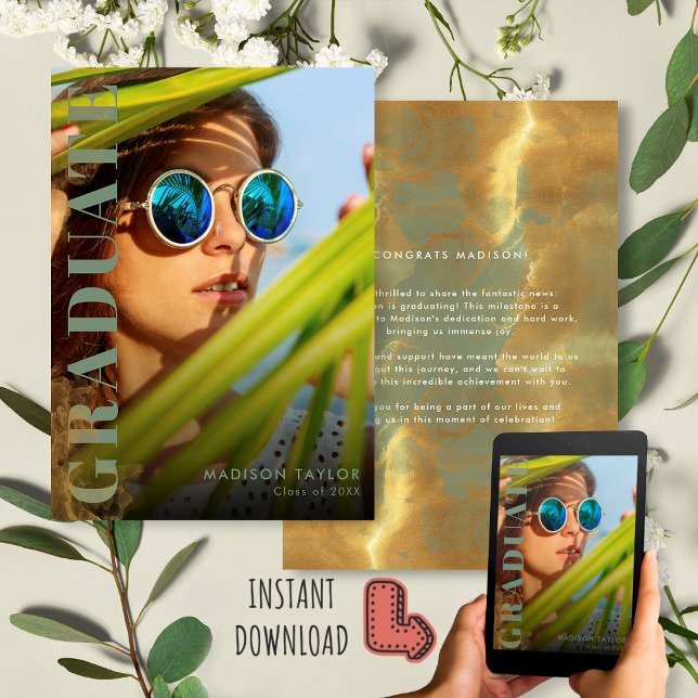 Anúncio Graduação de Fotos Dourada e Verde Sage Moderna Ch (Criador carregado)