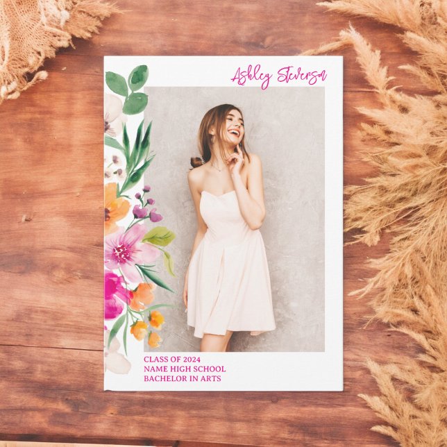 Anúncio Graduação de fotos em guião de flores silvestres b (Bright wild flowers script photo graduation announcement)