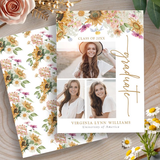 Anúncio Graduação de girassol (Sunflower Photo Collage Graduation Announcement by Painted Paperie
)