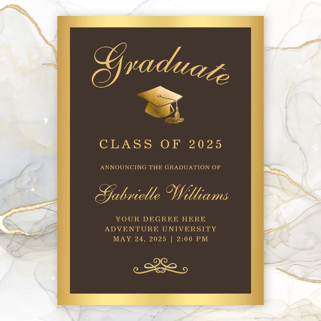 Anúncio Graduação de Script de Quadro Dourado Chic Brown (Chic Brown Gold Border Typography Graduation Announcement)