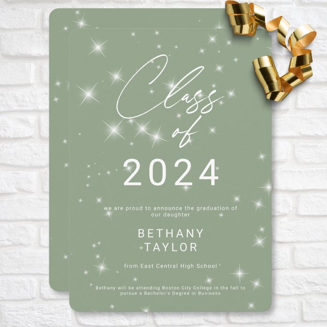 Anúncio Graduação de Sparkle Verde e Branco Moderno Sage (Modern Sage Green & White Sparkle Graduation Announcement)