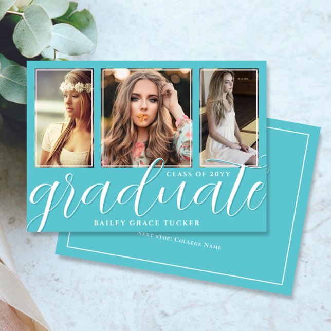 Anúncio Graduação de Turquoise de 3 Fotografias com Script (Criador carregado)