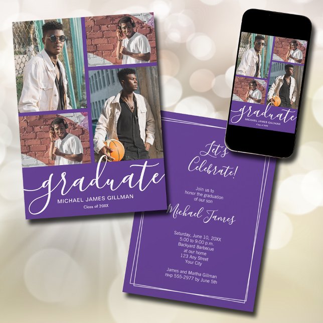 Anúncio Graduação de várias fotos (Modern script 4 photo purple graduation announcements - PRINTED and/or INSTANT DOWNLOAD)