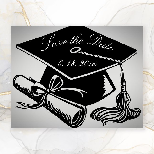 Anúncio Graduação Diploma de Boné Preto Prateado Salve a D (Graduation SAve the Date Silver with Black graduation cap and diploma)