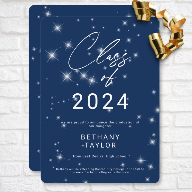 Anúncio Graduação do Sparkle Azul e Branco do Marinho Mode (Modern Navy Blue & White Sparkle Graduation Announcement)