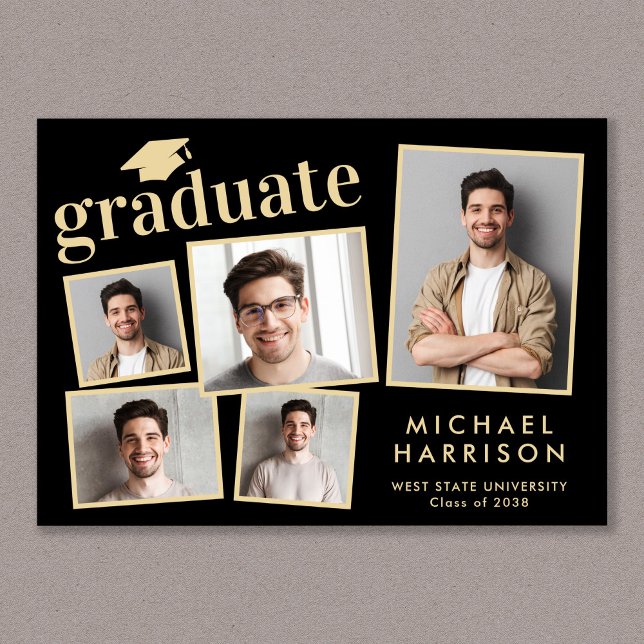 Anúncio Graduação Dourada de Foto Preta Moderna 5 (Cherish the milestone: share your graduate's achievement with a custom photo graduation announcement)
