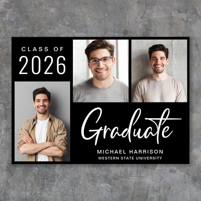 Anúncio Graduação em preto com script de fotos moderno 3 (Cherish the milestone: share your graduate's achievement with a custom photo graduation announcement)