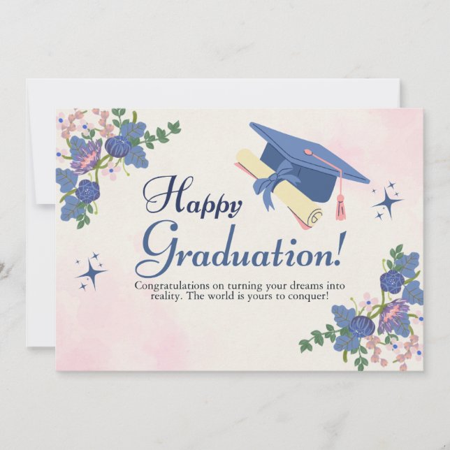 Anúncio Graduação Feliz da Flor Azul Cor-de-Rosa Doce (Frente)