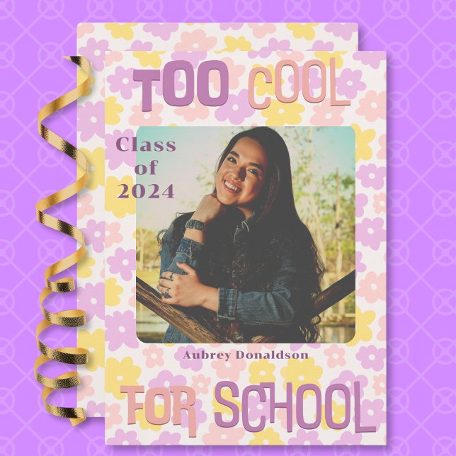 Anúncio Graduação Floral Púrpura Púrpura, Cor-de-rosa, na  (Retro Groovy Pink Yellow Purple Floral Graduation Announcement)