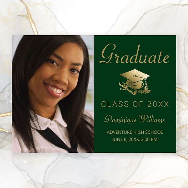 Anúncio Graduação Foto Dourada Boné Diploma Green (Green Gold Script Cap Photo Graduation Announcement
)