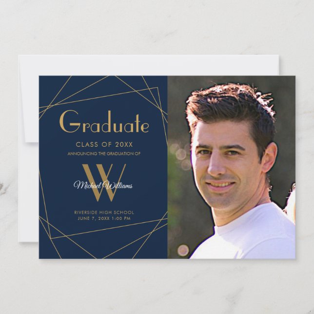 Anúncio Graduação Geométrica do Monograma de Foto Azul Mod (Frente)