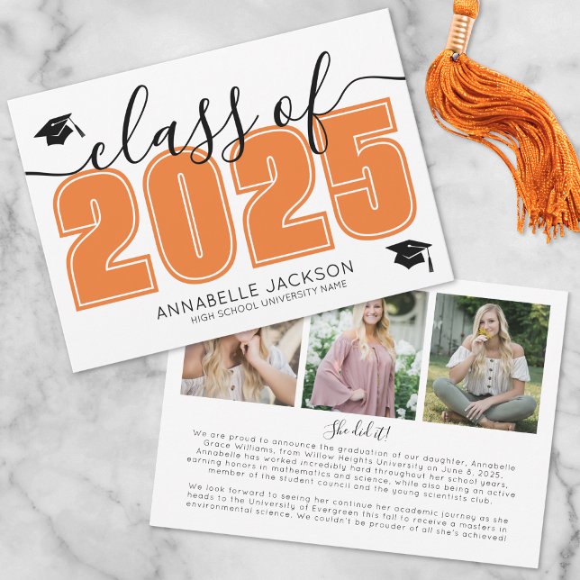 Anúncio Graduação Laranja de Colagem de Fotos de Formando  (Simple Graduate Photo Collage Orange Graduation Announcement )