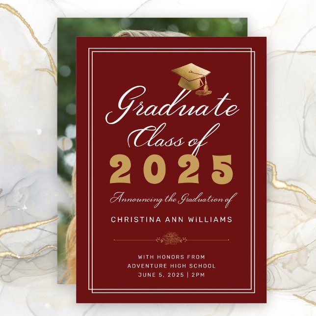 Anúncio Graduação Letras Douradas Maroon Classe de Foto 20 (Maroon Gold White Script Graduation Announcement with a Photo on the back)