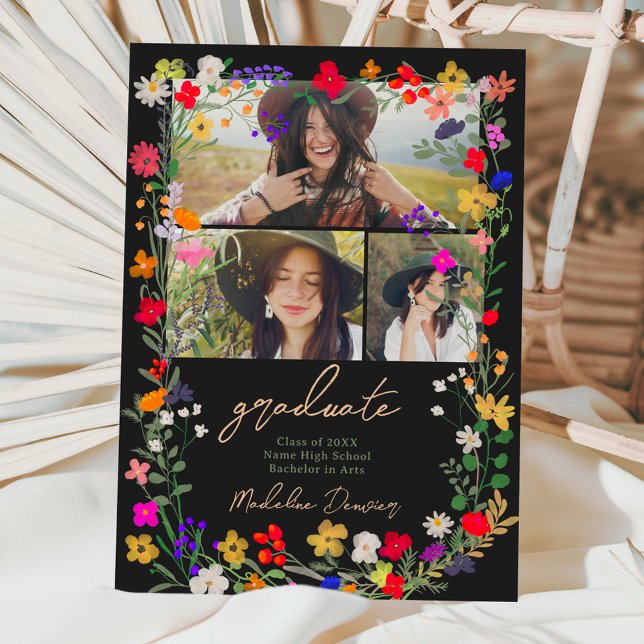 Anúncio Graduação moderna de flores silvestres brilhantes  (Modern chic boho bright wild flowers graduation announcement black)