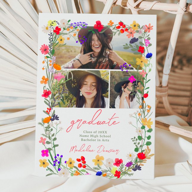 Anúncio Graduação moderna de flores silvestres brilhantes  (Modern chic boho bright wild flowers graduation announcement)