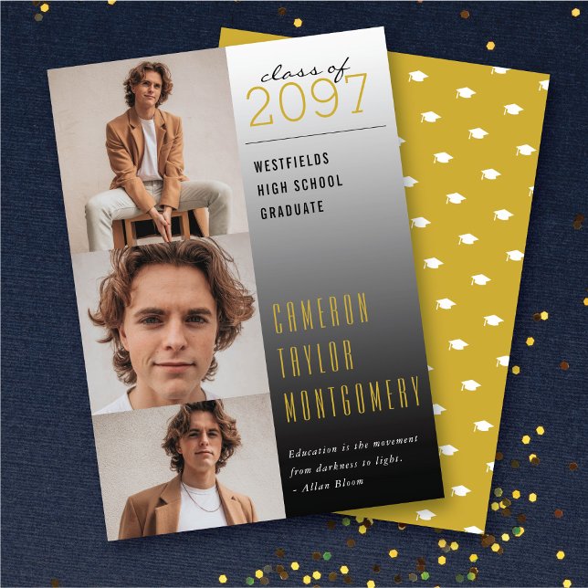Anúncio Graduação Moderna Fotográfica De Cor Escura A Clar (Gold Dark To Light Quote 3 Photo Collage Modern Graduation Announcement @ zazzle.com/color_therapy)