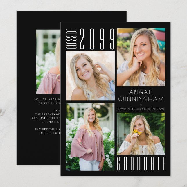 Anúncio Graduação Moderna Preto Branco 5 Foto (Frente/Verso)