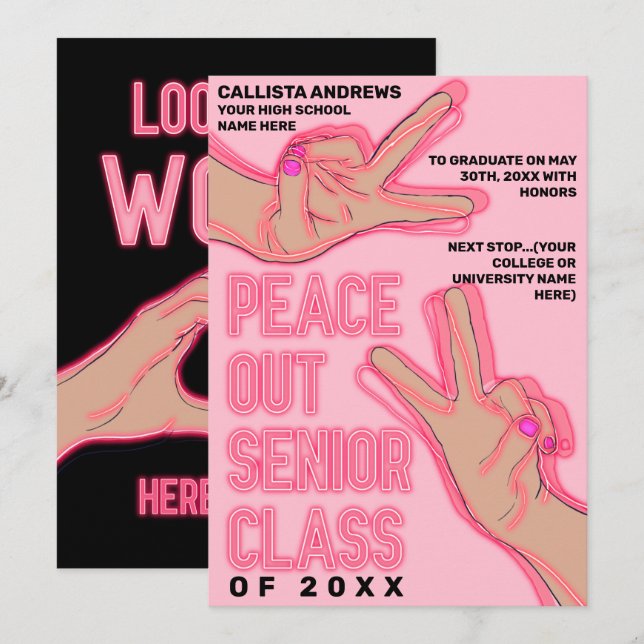 Anúncio Graduação Pink Neon Lights da Escola Peace Out (Frente/Verso)