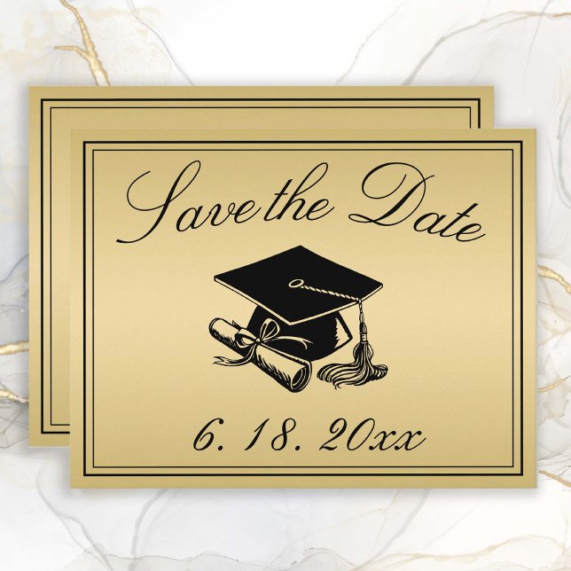 Anúncio Graduação Salvar a Data Dourada Diploma de Boné Ne (Gold Save the Date Graduation Announcement )