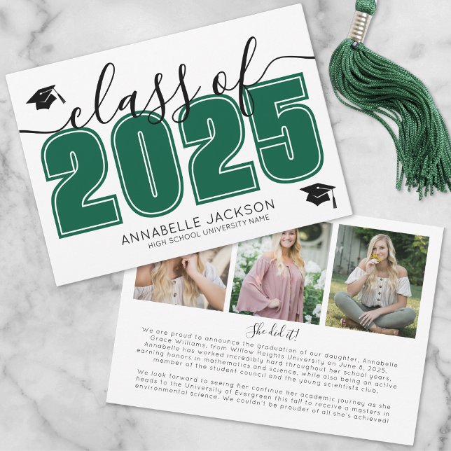 Anúncio Graduação Verde de Colagem de Fotos de Formando Si (Simple Graduate Photo Collage Green Graduation Announcement)