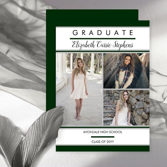 Anúncio Graduação Verde de Foto Clássica Três Simples (Simple and Classy Three Photo Green and White Graduation Announcement - Print | Digital Download)
