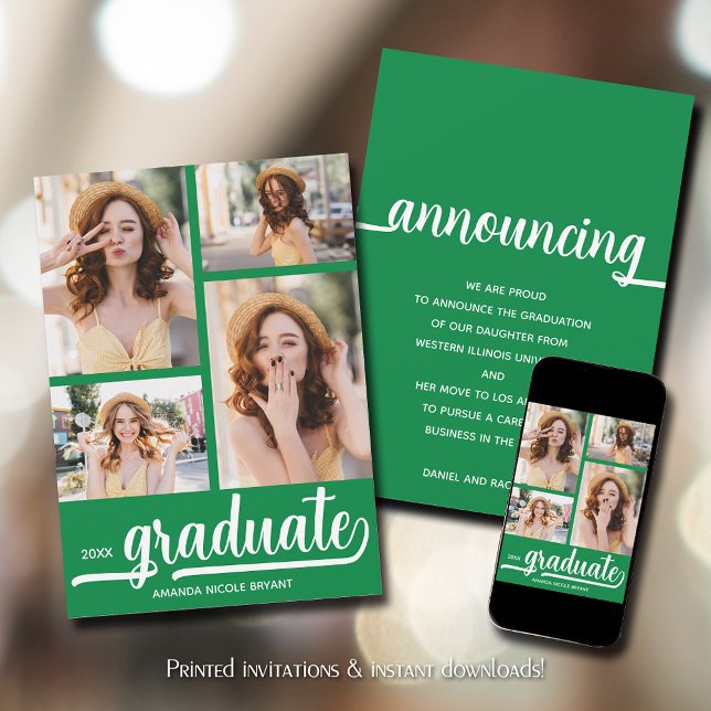 Anúncio Graduação Verde de Foto Moderna 4 (Green graduation announcements feature your favorite photos)