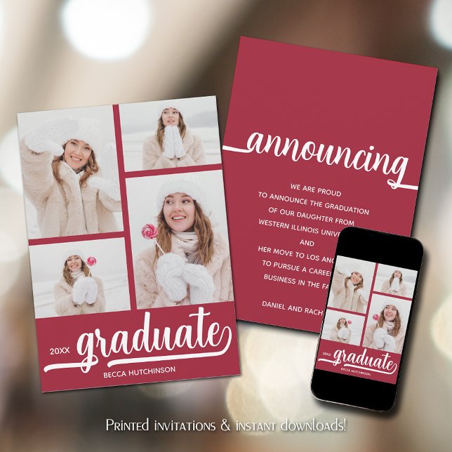 Anúncio Graduação Vermelha Chic 4 Photo Crimson (Chic 4 Photo Crimson Red Graduation Announcements)