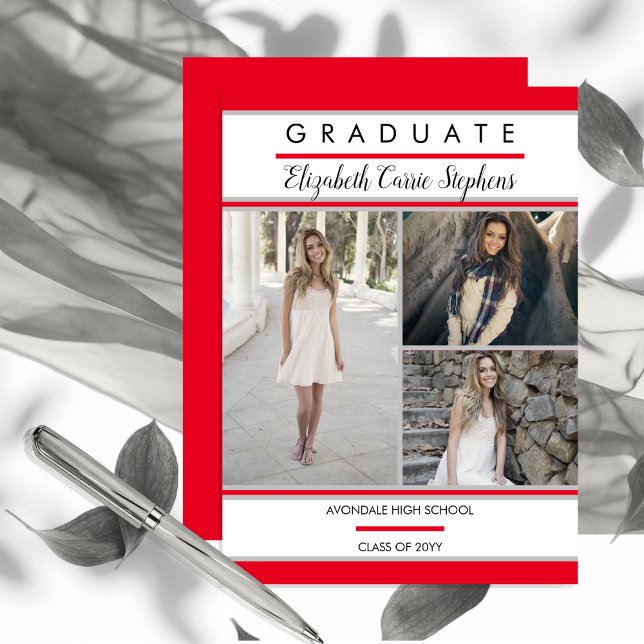 Anúncio Graduação Vermelha com Foto Clássica Três Simples (Simply and Classy Three Photo Collage Red, White and Silver Gray Graduation Announcement)