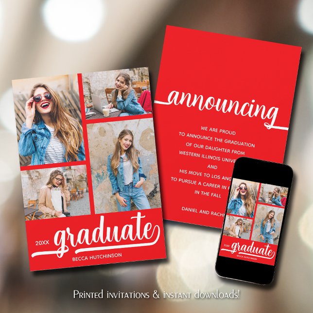 Anúncio Graduação Vermelha de Foto Chic 4 (Chic 4 Photo Red Graduation Announcements)