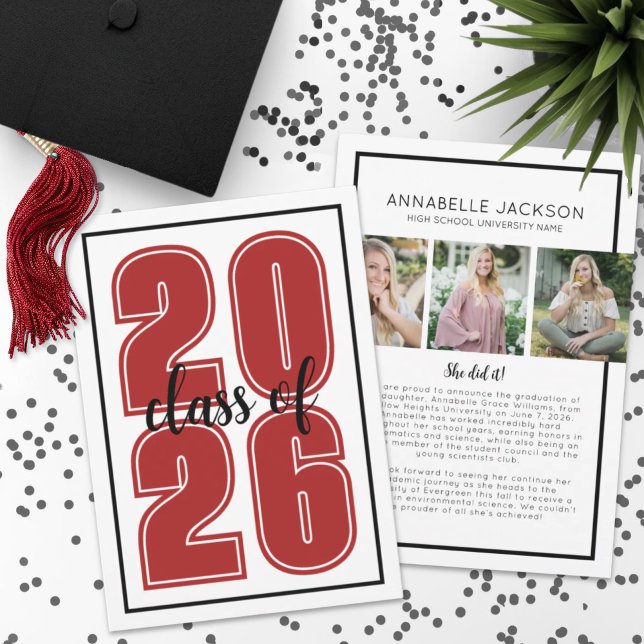 Anúncio Graduação Vermelha de Foto com Formando de Script  (Simple Script Graduate Photo Red Graduation Announcement)