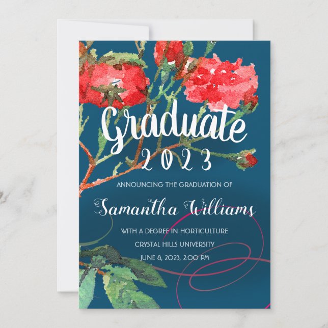 Anúncio Graduação Vintage Rosa vermelha Watercolor Floral  (Frente)