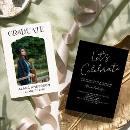 Anúncio Graduation Photo Announcement Modern Party Black
