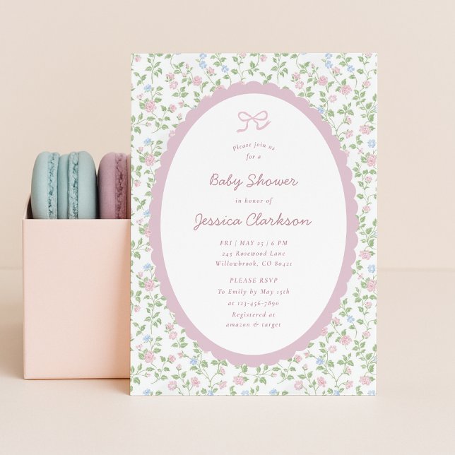 Anúncio Grandmillennial Pink Bow Floral Baby Shower INVITE (Criador carregado)