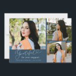 Anúncio Grateful Navy Blue Multi Photo Graduation<br><div class="desc">Modern and elegant graduation announcement photo card featuring 3 photos on the front and 1 on the back. The text says "grateful for your support" in script font. Add the graduate's name,  information,  and message to personalize this card. Navy blue.</div>