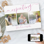Anúncio Gravidez de Foto Rosa Quadrada do Elegant Script 3<br><div class="desc">Esperamos... um anúncio de fotogravidez neutro em relação ao gênero com 3 de seus fotos! O modelo de foto está configurado para que você adicione suas próprias fotos, que são exibidas no formato quadrado / instagram. "Esperar" está escrito em tipografia elegante de escrita manuscrita e a mensagem de anúncio de...</div>