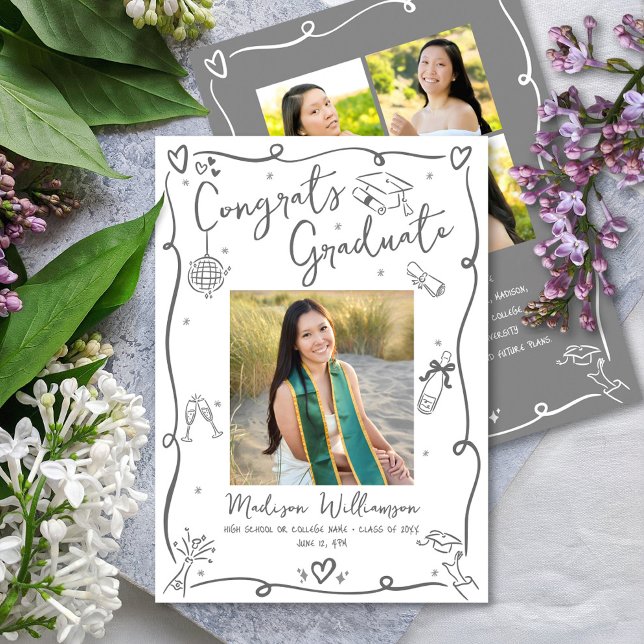 Anúncio Gray Hand Drawn Doodles Graduation 4 Photo White (Criador carregado)