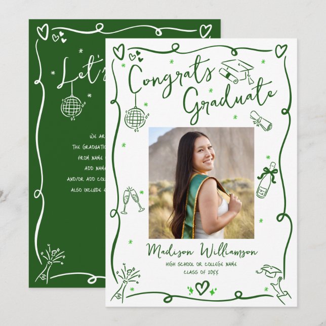 Anúncio Green Hand Drawn Doodles Graduate Photo White Fun (Frente/Verso)
