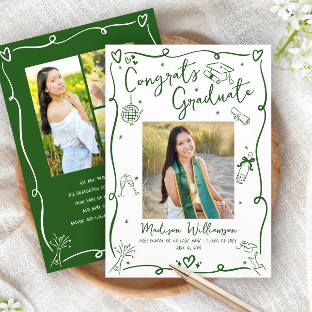 Anúncio Green Hand Drawn Doodles Graduation 4 Photo White (Criador carregado)