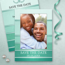 Green Silver Strited Photo Save the Date Card (Fot